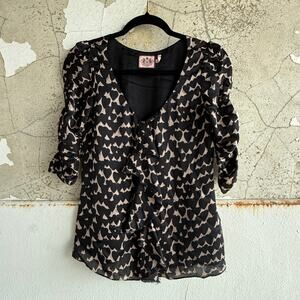 Juicy Couture Heart Print Ruffle Silk Blouse Ruched Sleeve Y2K Romantic Small